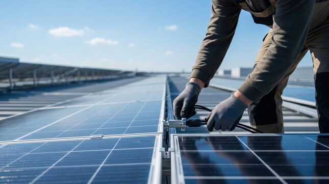 Worker installing solar panels on commercial rooftop, connecting cables for renewable energy system under blue sky