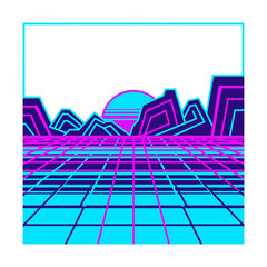 Naklejka premium Neon grid landscape with retro mountains and a glowing sun
