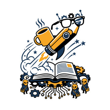 Creative pencil rocket launches from an open book with aliens