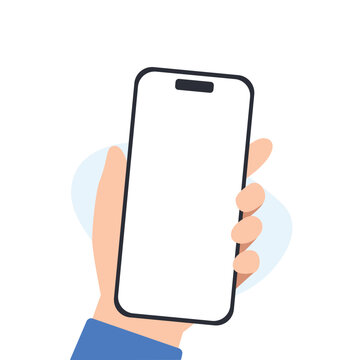 Hand holding smartphone mockup with blank screen isolated on white background. mobile phone hand mockup. 

