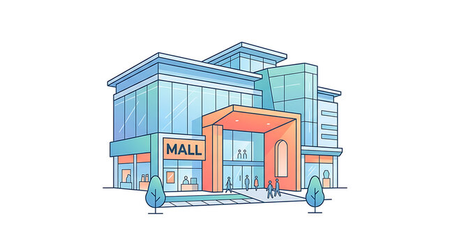 Isometric view of a shopping mall building with glass windows, orange entrance canopy, and people walking towards the doors on white background