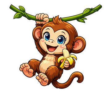 Cute cartoon monkey hanging on a vine holding a banana isolated on transparent background