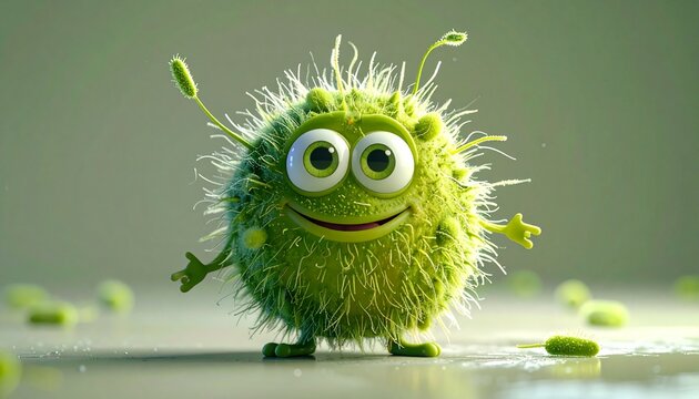 A whimsical 3D illustration of a friendly cute green fuzzy microbe character smiling and standing against a soft neutral blurred background.