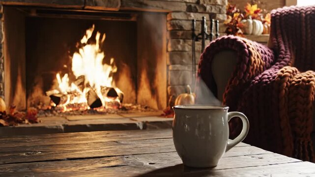 Cozy autumn scene with a steaming mug of hot beverage on a wooden table in front of a warm, crackling fireplace, decorated with pumpkins and fall leaves, inviting comfort and relaxation.
