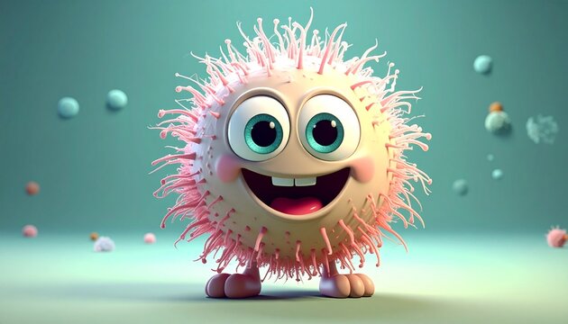 A cute and fuzzy pink creature with large eyes standing against a soft blue background perfect for children books or educational art.