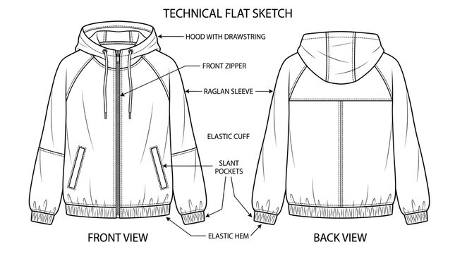 Hooded Windbreaker Technical Flat Sketch, Front and Back View Fashion Template, Vector Line Art Illustration for Tech Pack Design