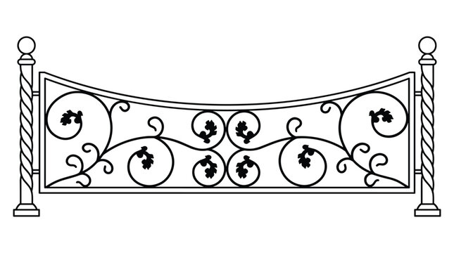 Forged iron garden fence segment with leaf motifs and elegant spiral scrolls between twisted metal posts for landscape design decoration.