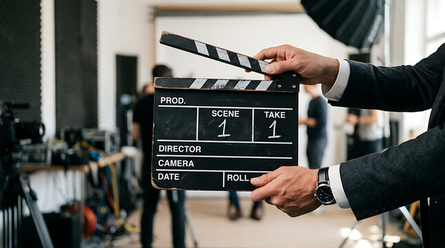 Filmmaking clapperboard close-up in a professional studio with crew and equipment in the background, capturing a movie production scene