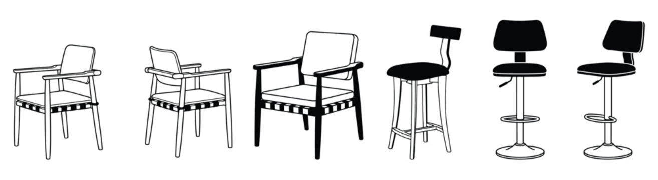 Selection of modern chair and bar stool silhouettes in different styles for interior design projects isolated on transparent background.