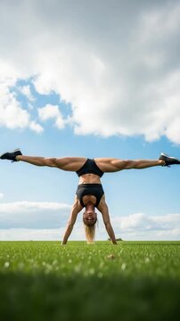 Fit young woman performing handstand split in green field, athletic female gymnast demonstrating strength and flexibility outdoors