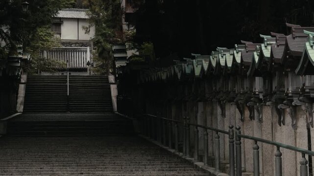 Moody view of Hozanji Temple in Ikoma, with stone steps, rows of traditional lanterns, railings, trees, and sacred Japanese temple atmosphere.