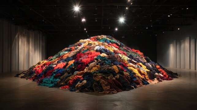 A massive mountain of discarded colorful clothing in an art gallery. Represents environmental waste and.