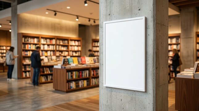 Blank White Poster Frame Mounted on Concrete Pillar Inside a Modern Public Library Bookstore Interior