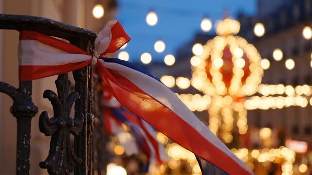 French national flag tied to a balcony railing with blurred warm festive holiday lights in the background during evening.