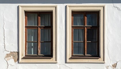 Fototapeta premium Two old wooden windows with classic panes set into a weathered white wall with cracks showing the historic texture of an aged building facade.