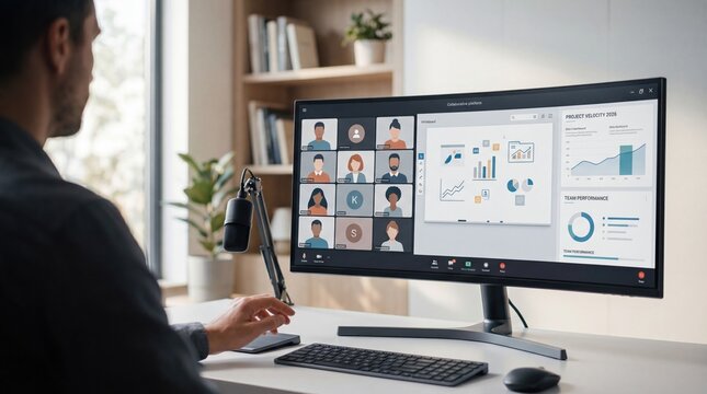 Man participating in online video conference meeting, remote work collaboration, digital business communication
