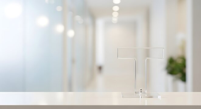 Clear acrylic sign holder on a white reception desk in a modern office or clinic hallway, with blurred background.