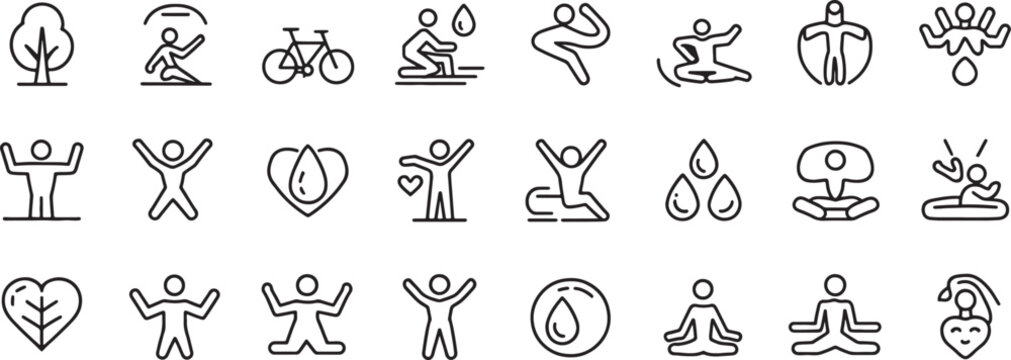 Yoga Icons Set with Water Drop Symbols, Diverse Poses, and Mindful Wellness Line Art for Health Concept Design