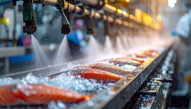 Fresh salmon fillets being cleaned by automatic water sprayers on an industrial conveyor belt in a modern fish processing food facility.
