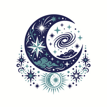Celestial crescent moon and stars in a decorative cosmic design