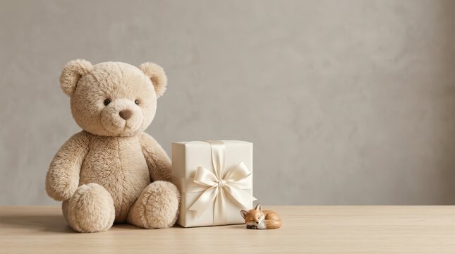 Fluffy Teddy Bear Sitting Next To A Wrapped Gift Box On A Wooden Table In A Minimalist Setting