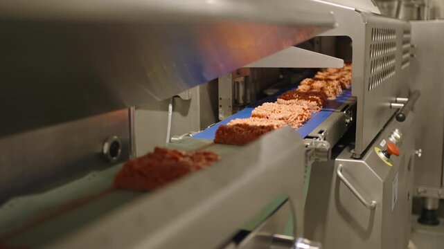 Minced chicken portions move along a blue conveyor as automated machinery shapes and transports them in a modern meat processing factory.
