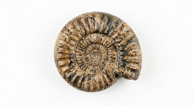 A detailed top down view of a prehistoric ammonite fossil shell featuring intricate spiral patterns and textured ridges against a clean white background