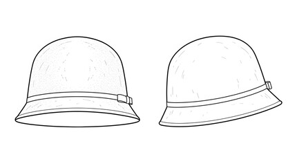 Fototapeta premium Cloche Hat Technical Flat Sketch Front Side View Vintage Fashion Vector Illustration