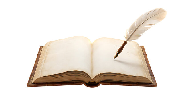 Open vintage book with blank pages and a floating white feather quill pen isolated on a clean white background, for writing and literature