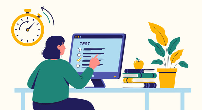 Student taking an online test flat vector illustration design featuring a woman working on a computer under a time limit deadline concept