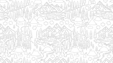 Fototapeta premium Seamless pattern with camping elements, mountains, trees and tents