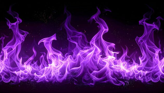 A vibrant purple fire background featuring bright glowing flames rising against a dark black backdrop perfect for abstract design concepts.