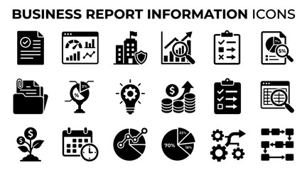 Obraz premium Set of Business Report Information Icons Featuring Financial Charts and Data Analysis Symbols