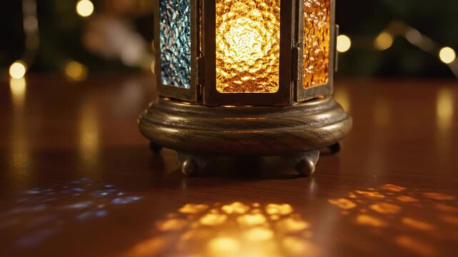 Close-up of a vintage metal lantern with colorful stained glass panels, casting intricate light patterns on a wooden surface, warm bokeh lights in background