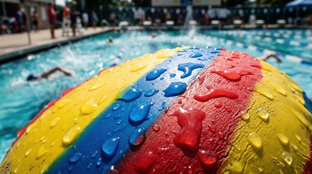 Summer pool scene with people swimming and splashing water near a beach ball