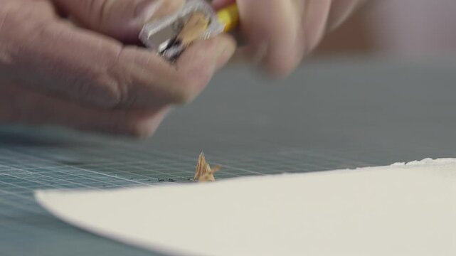 Close-up of hands sharpening a wooden pencil with a manual sharpener. Pencil shavings fall onto the work surface, symbolizing preparation, creativity and craftsmanship.