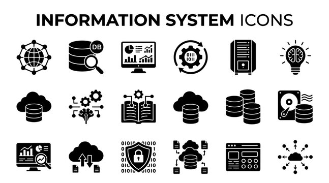 Set of black silhouette information system icons representing data management and digital technology