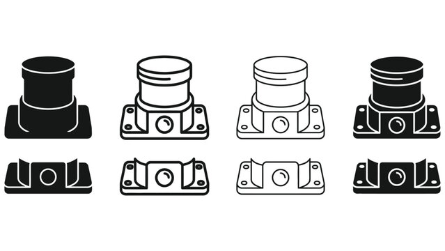 Black and white icons of pistons and cylinder heads for engines on white background