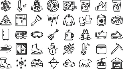 Naklejka premium Winter Season and Extreme Cold Weather Icon Set Featuring Snowflakes Thermometers Ice Icicles Snowman Penguin Polar Bear and Winter Sport Symbols