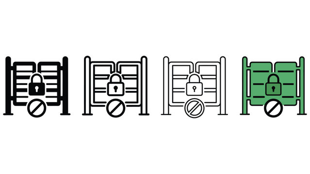 Four different colored icons of gates with padlocks and prohibition signs