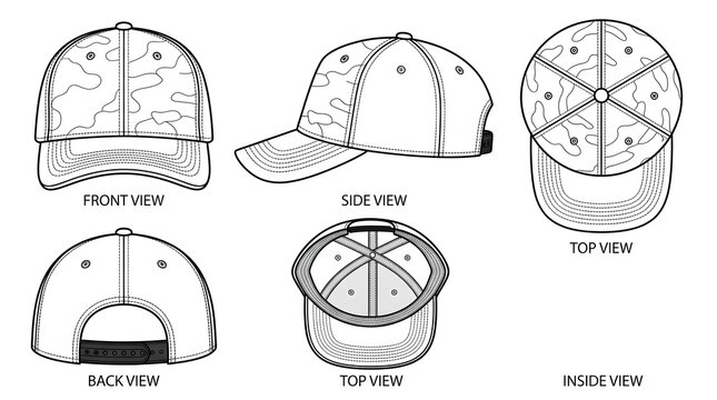 High Crown Snapback Cap Flat Sketch Front Side Top Back View Vector