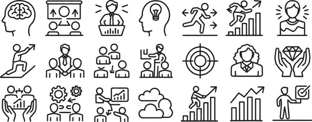 Fototapeta premium Business Icons Set with Brainstorming Head, Analytics Graphs, Target Success, and Leadership Elements in Outline Style
