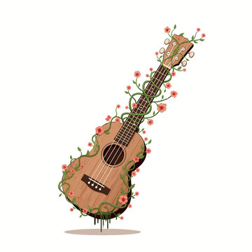 Surreal Wooden Ukulele Blooming Flower Vines Vector Illustration Flat Color Minimalist 2D Gravity Defying Dreamscape