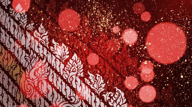 Elegant red abstract background with ornate white pattern, golden glittering particles, and soft bokeh lights, suitable for festive celebrations or luxury designs