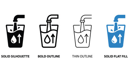 Four different styles of water bucket icons with a pipe  SOLID SILHOUETTE BOLD OUTLINE THIN OUTLINE SOLID FLAT FILL © AbdullahAl