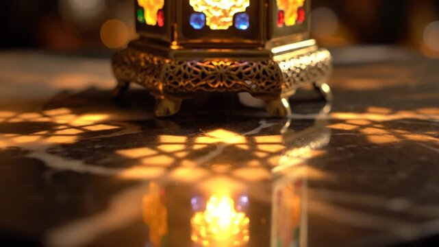Ornate metal lantern with colored glass panels casts decorative geometric light patterns on a marble surface, warm ambiance