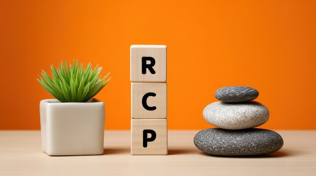 Wooden blocks with RCP letters stacked by a small plant and stones. Concept for planning and business.