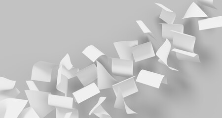 Fototapeta premium Dynamic blank white paper sheets flying and swirling diagonally on gray 3d background. Render realistic curled, scattered pages of wind movement, document chaos or creative workflow. 3D illustration