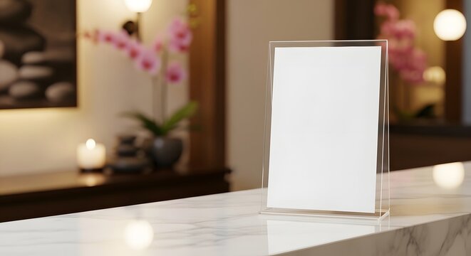 Blank white acrylic display stand on a marble counter in a blurred spa or hotel reception area, perfect for mockups and promotions.