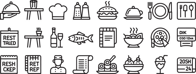 Fototapeta premium Restaurant Kitchen Utensil Icons Set with Chef Hat, Salt Shaker, Fork Knife, and Food Plates Line Style